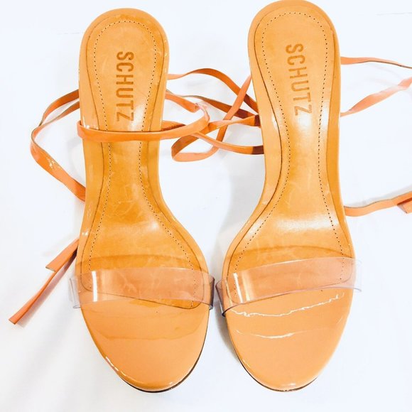 Schutz Cloe Vinyl Open Toe Sz 7B Lace Up Ankle Strap Stiletto High Heel Sandals - Picture 12 of 14